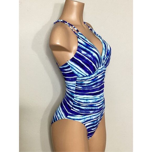 New. La Blanca BLUE Serene Stripe Tummy-Control Strappy One-Piece Swimsuit. Reta - Picture 3 of 12